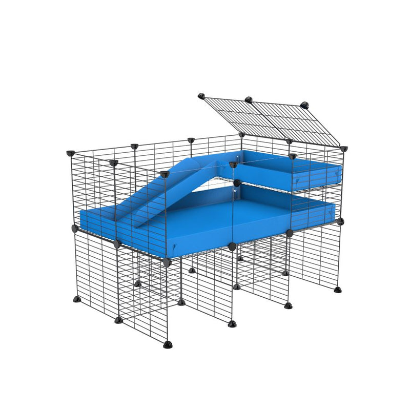 a 3x2 CC guinea pig cage with clear transparent plexiglass acrylic panels  with stand loft ramp small mesh grids blue corroplast by brand kavee