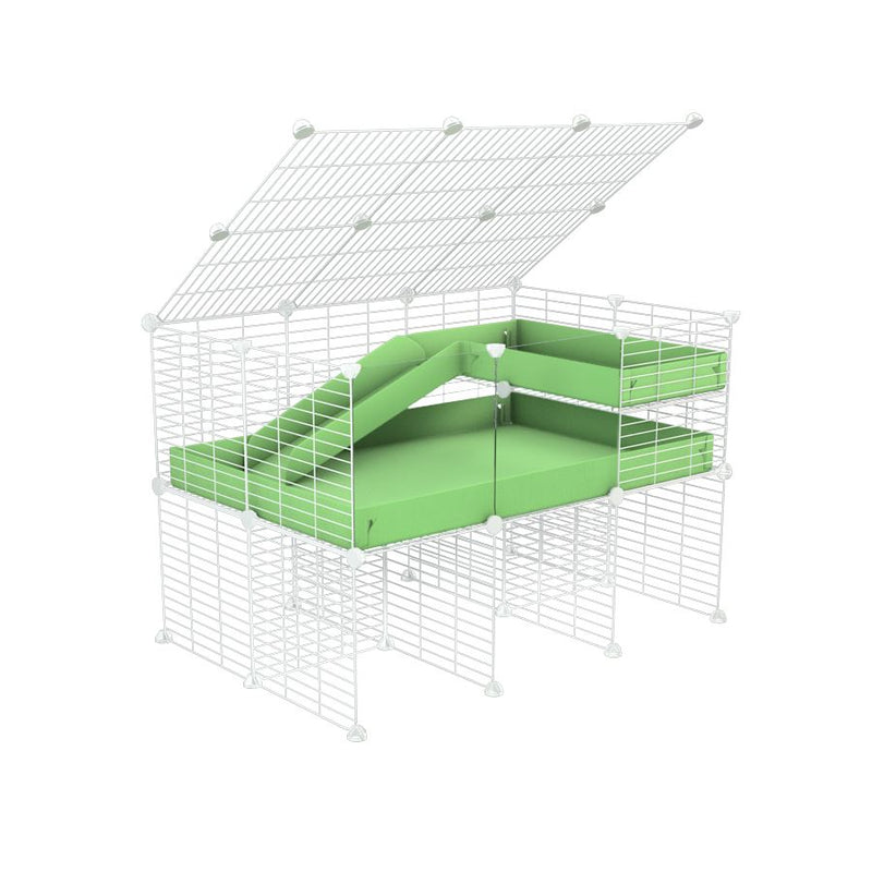 A 2x3 C and C guinea pig cage with clear transparent plexiglass acrylic panels  with stand loft ramp lid small size meshing safe white C&C grids green pastel pistachio correx sold in USA