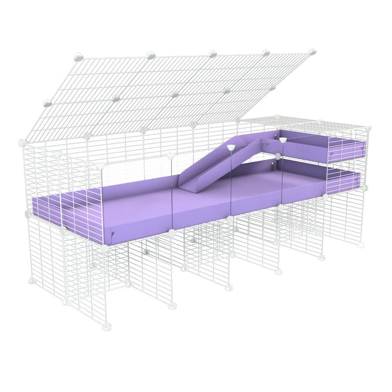 A 2x5 C and C guinea pig cage with clear transparent plexiglass acrylic panels  with stand loft ramp lid small size meshing safe white grids purple lilac pastel correx sold in USA