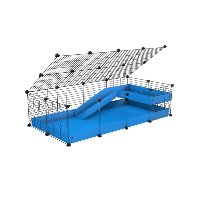a 2x4 C and C guinea pig cage with clear transparent plexiglass acrylic panels  with loft ramp lid small hole size grids blue coroplast kavee