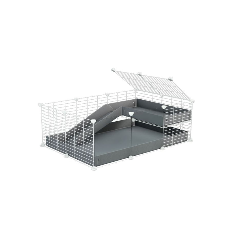 a 3x2 C&C guinea pig cage with clear transparent plexiglass acrylic panels  with a loft and a ramp gray coroplast sheet and baby bars white CC grids by kavee