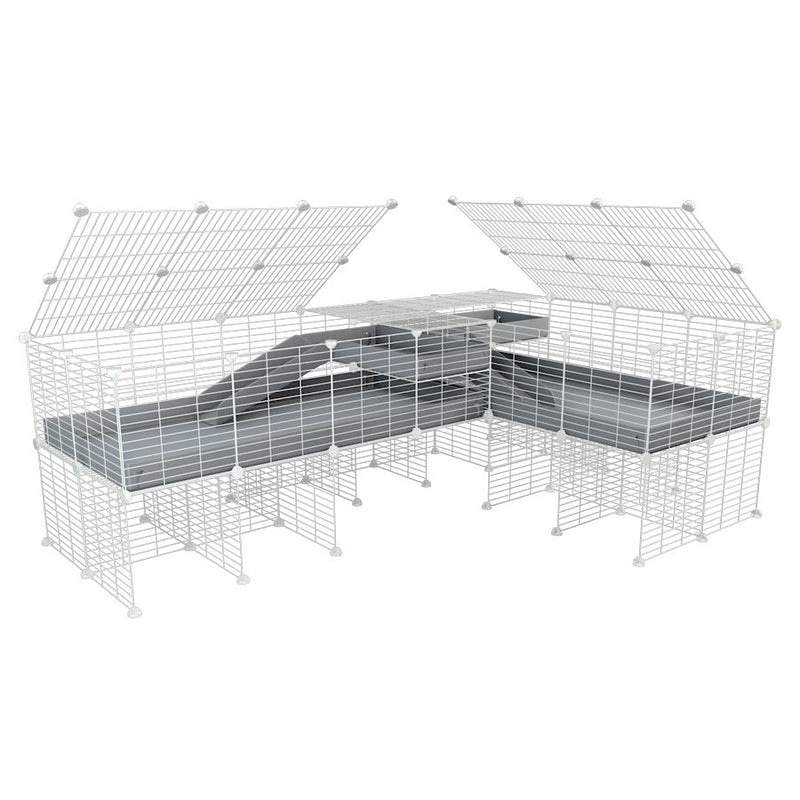 A 8x2 L-shape white C&C cage with lid divider stand loft ramp for guinea pig fighting or quarantine with gray coroplast from brand kavee