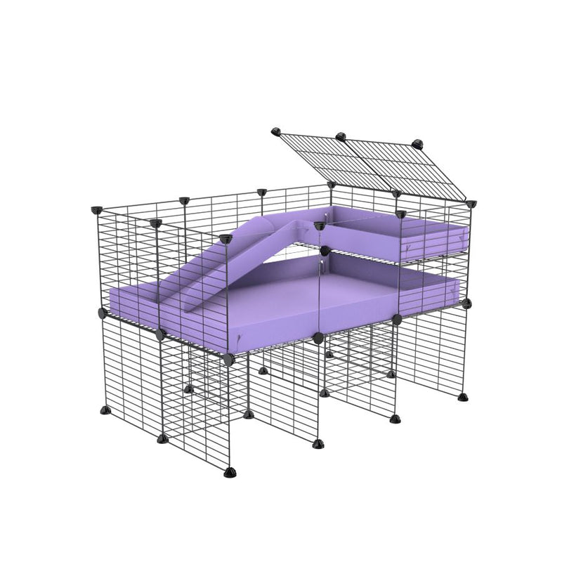 a 3x2 CC guinea pig cage with clear transparent plexiglass acrylic panels  with stand loft ramp small mesh grids purple lilac pastel corroplast by brand kavee