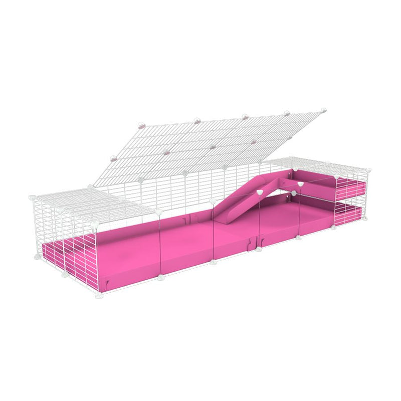 a 2x6 C and C guinea pig cage with clear transparent plexiglass acrylic panels  with loft ramp lid small hole size white grids pink coroplast kavee