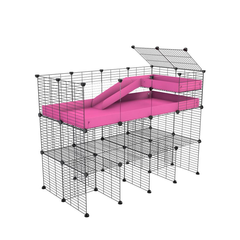 A 4x2 kavee pink C&C guinea pig cage with clear transparent plexiglass acrylic panels  with three levels a loft a ramp made of safe baby bars grids
