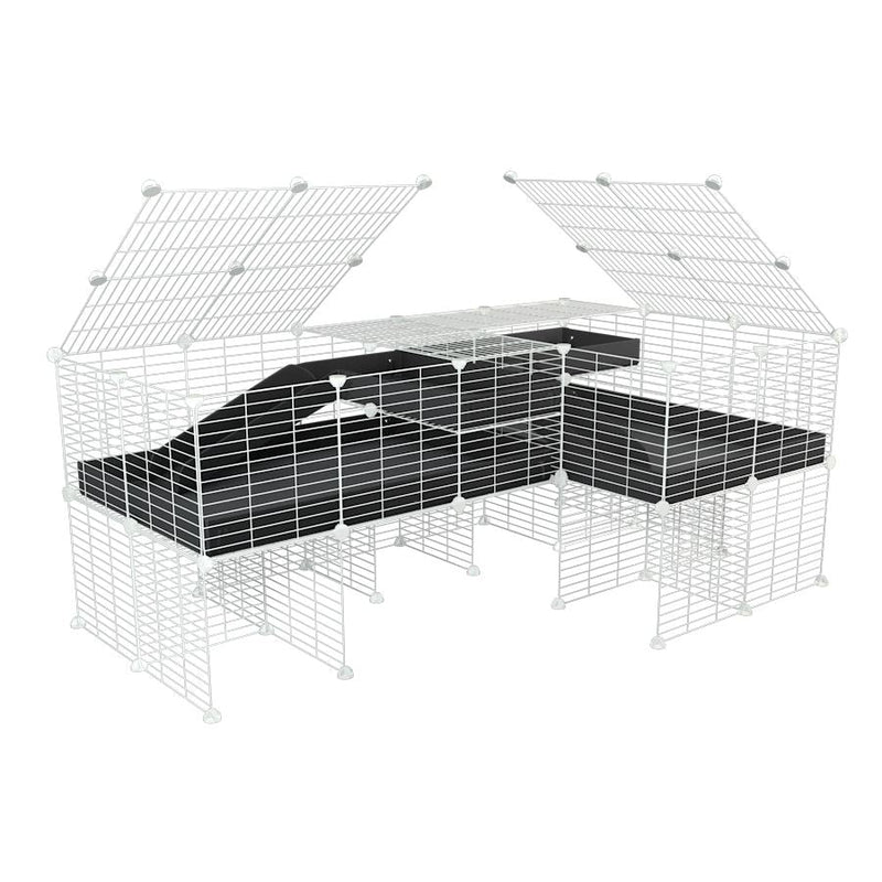 A 6x2 L-shape white C&C cage with lid divider stand loft ramp for guinea pig fighting or quarantine with black coroplast from brand kavee