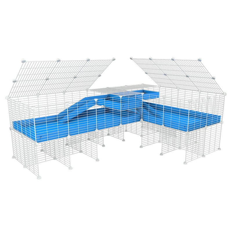 A 8x2 L-shape white C&C cage with lid divider stand loft ramp for guinea pig fighting or quarantine with blue coroplast from brand kavee