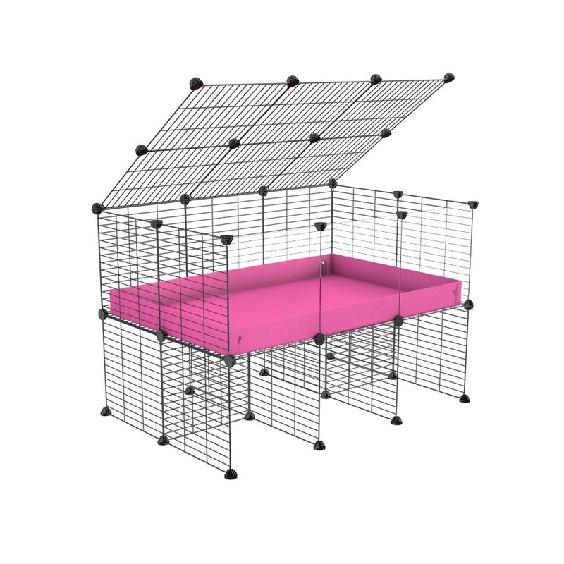 a 3x2 C&C cage with clear transparent perspex acrylic windows  for guinea pigs with a stand and a top pink plastic safe grids by kavee