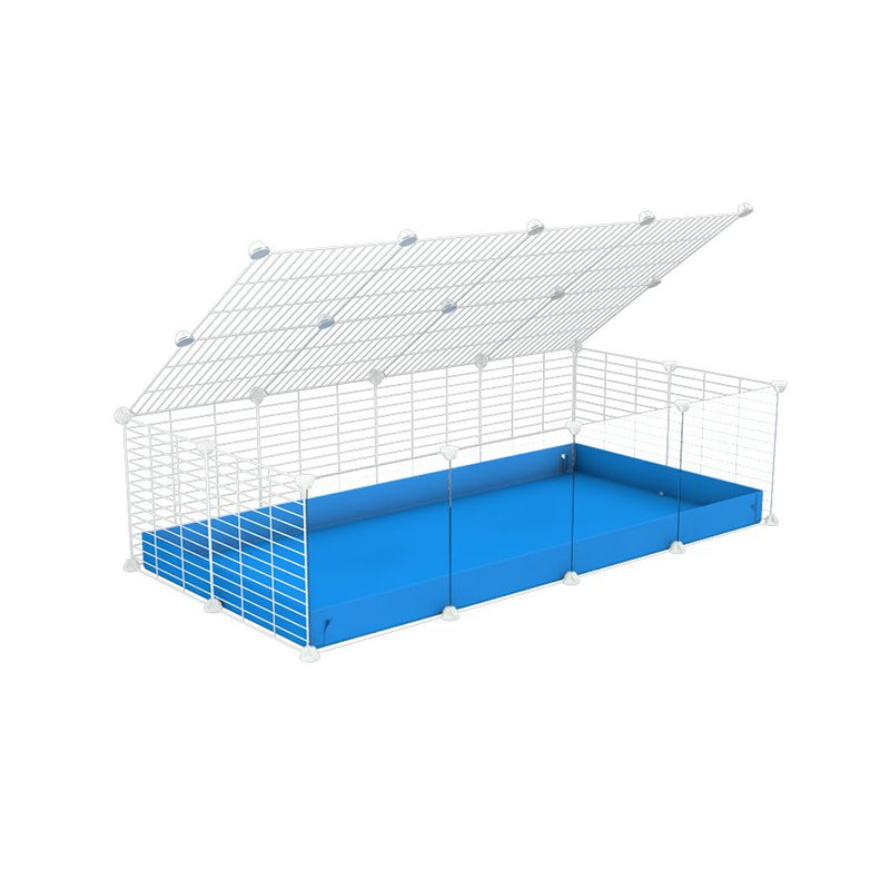 A 2x4 C and C cage with clear transparent plexiglass acrylic grids  for guinea pigs with blue coroplast a lid and small hole white cc grids from brand kavee