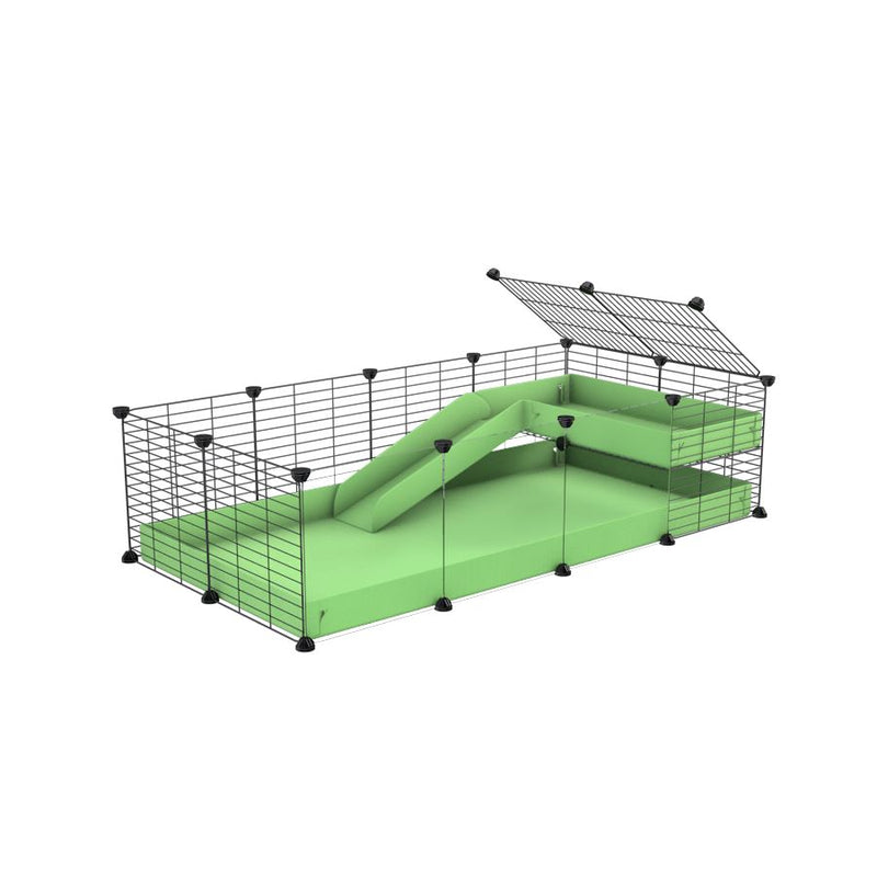 a 4x2 C&C guinea pig cage with clear transparent plexiglass acrylic panels  with a loft and a ramp green pastel pistachio coroplast sheet and baby bars by kavee