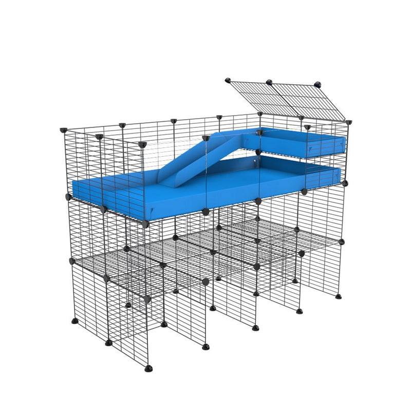 A 4x2 kavee blue C&C guinea pig cage with clear transparent plexiglass acrylic panels  with three levels a loft a ramp made of small size meshing safe grids