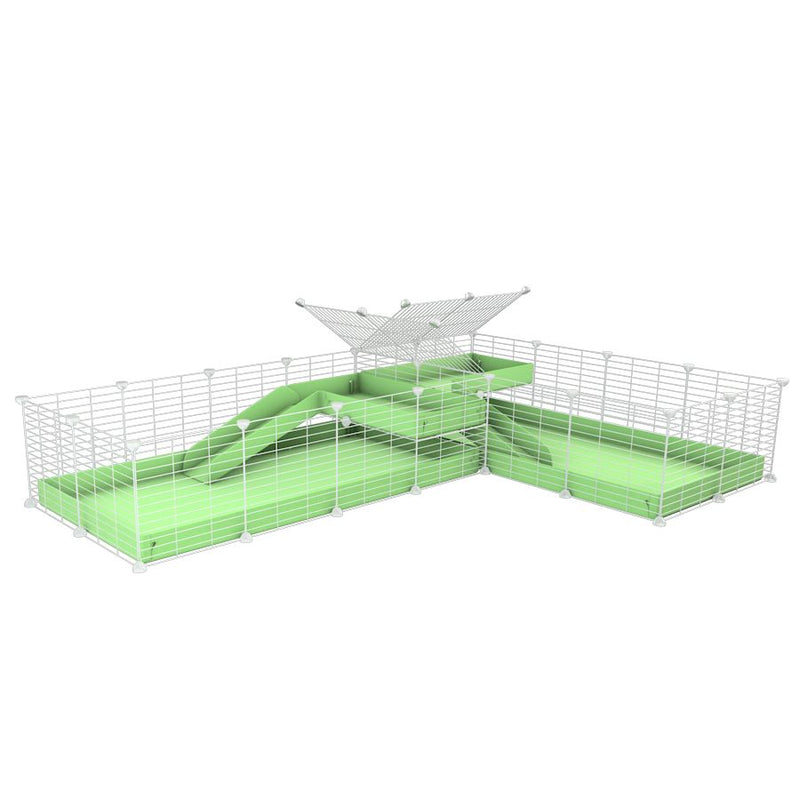 A 8x2 L-shape white C&C cage with divider and loft ramp for guinea pig fighting or quarantine with green coroplast from brand kavee