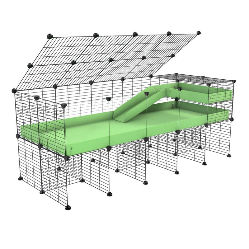 A 2x5 C and C guinea pig cage with clear transparent plexiglass acrylic panels  with stand loft ramp lid small size meshing safe grids green pastel pistachio correx sold in USA
