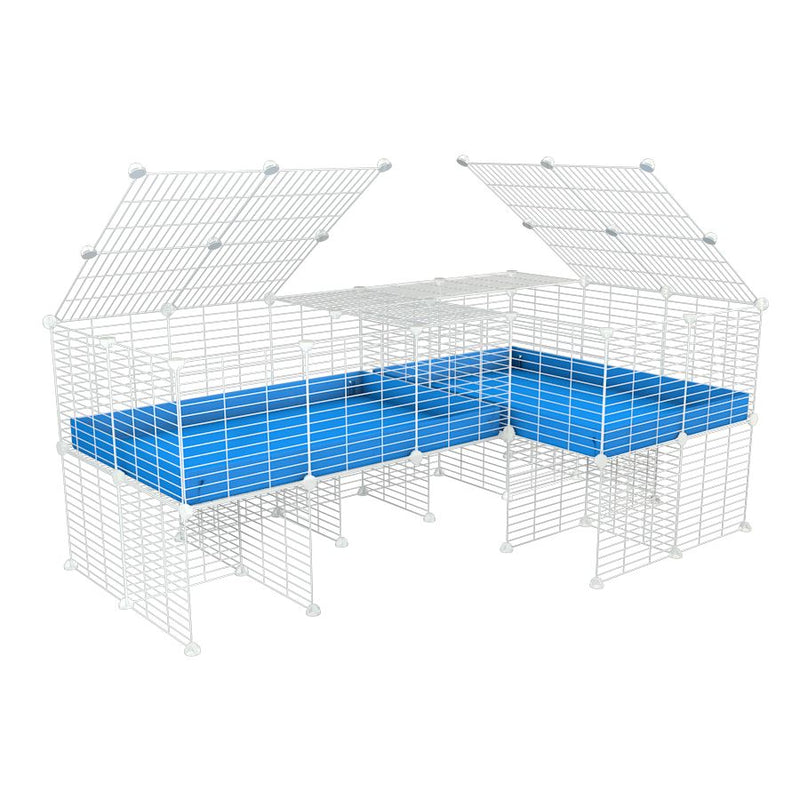 A 6x2 L-shape white C&C cage with lid divider stand for guinea pig fighting or quarantine with blue coroplast from brand kavee