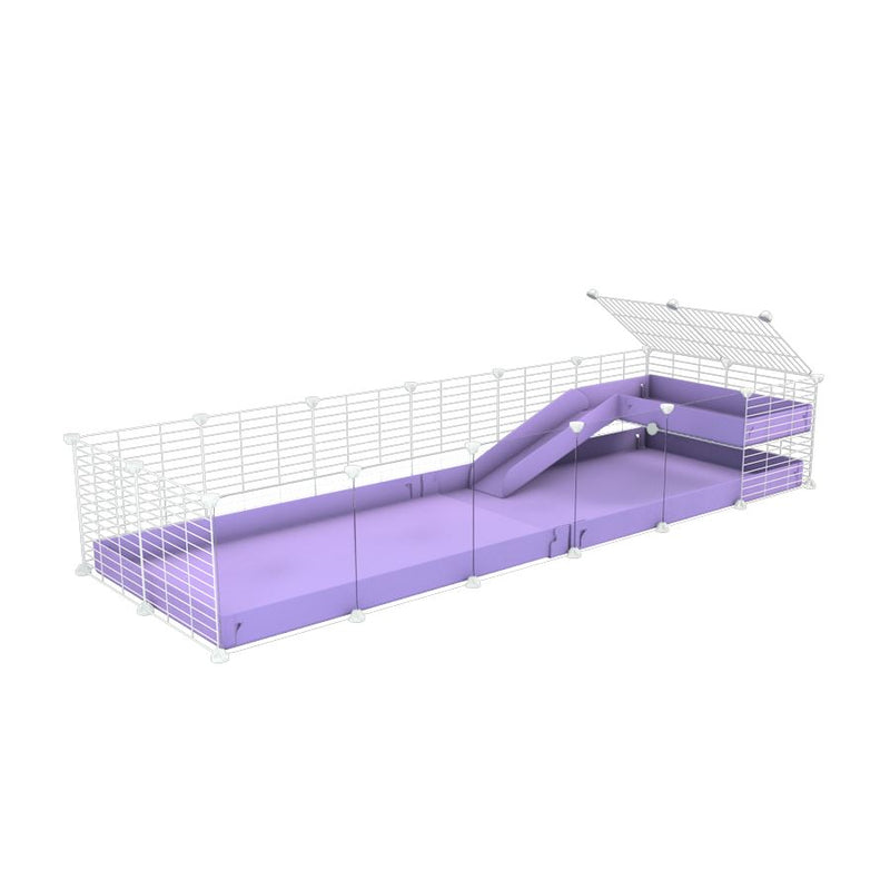 a 6x2 C&C guinea pig cage with clear transparent plexiglass acrylic panels  with a loft and a ramp purple lilac pastel coroplast sheet and baby bars by kavee