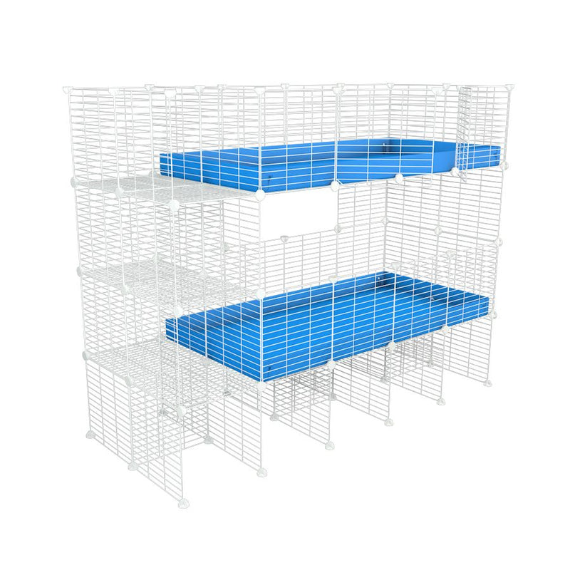 A double white 4x2 c&c cage with stand and side storage for guinea pigs with two levels blue correx baby safe grids by brand kavee in the USA