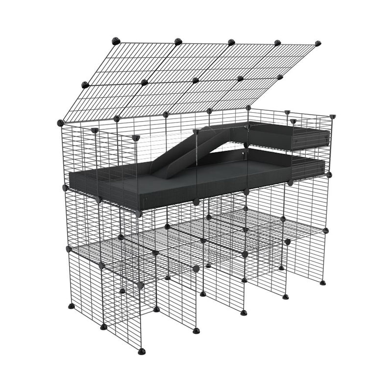 A 2x4 kavee black C and C guinea pig cage with clear transparent plexiglass acrylic panels  with three levels a loft a ramp a lid made of small size meshing safe grids