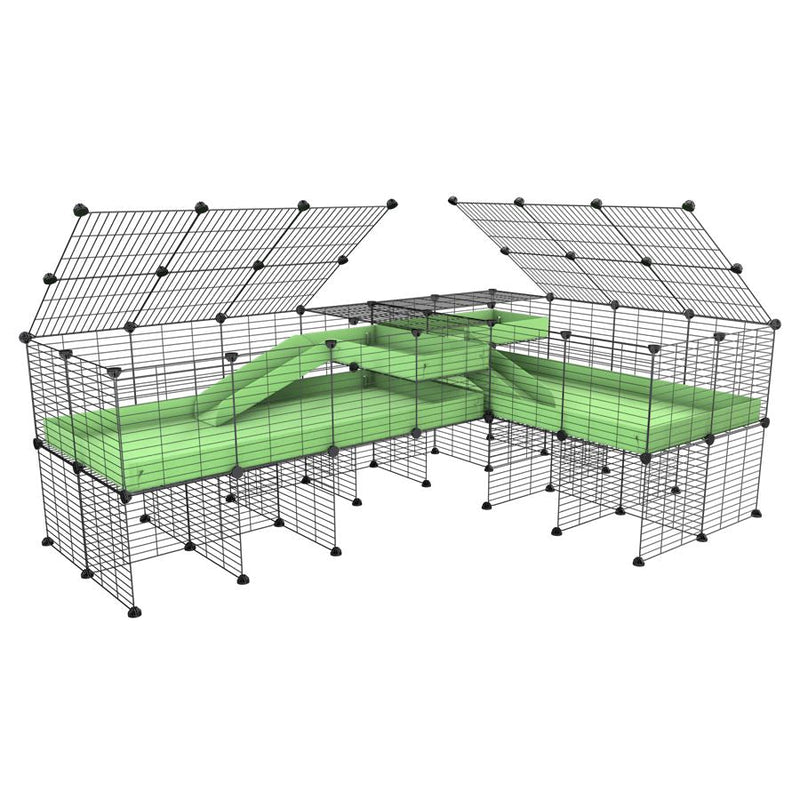 A 8x2 L-shape C&C cage with lid divider stand loft ramp for guinea pig fighting or quarantine with green coroplast from brand kavee
