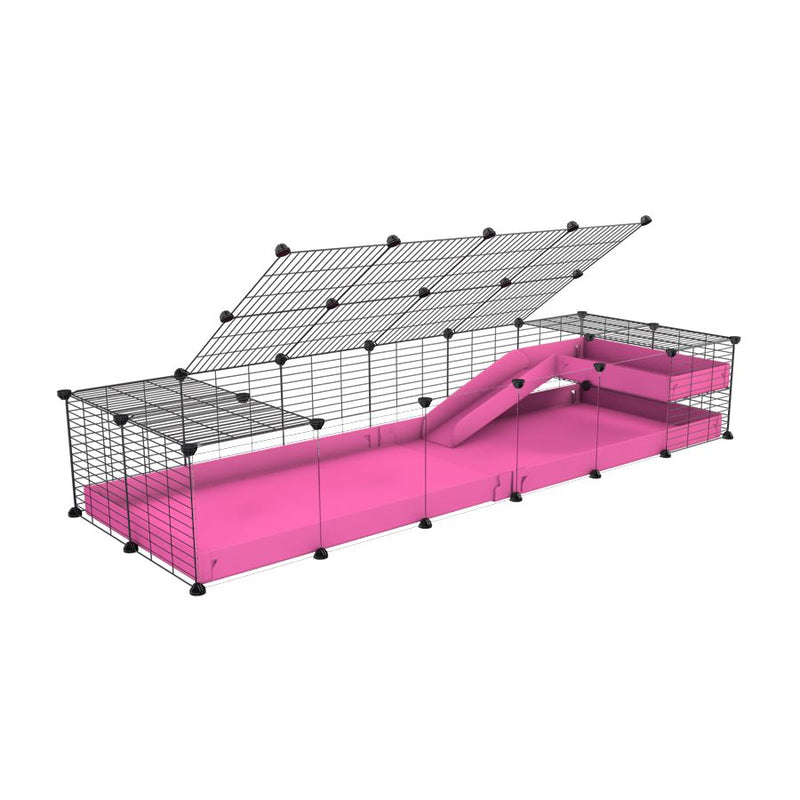 a 2x6 C and C guinea pig cage with clear transparent plexiglass acrylic panels  with loft ramp lid small hole size grids pink coroplast kavee