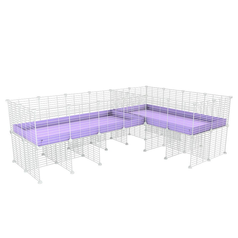 A 8x2 L-shape white C&C cage with divider and stand for guinea pig fighting or quarantine with lilac coroplast from brand kavee