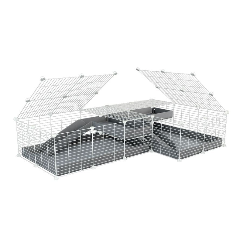 A 6x2 L-shape white C&C cage with lid divider loft ramp for guinea pig fighting or quarantine with gray coroplast from brand kavee