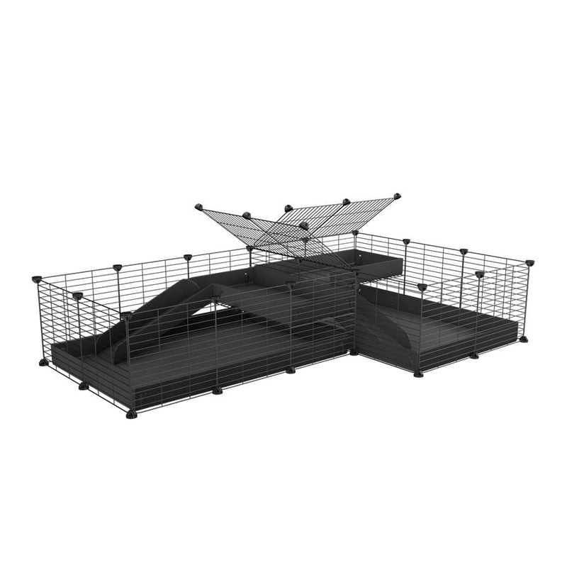A 6x2 L-shape C&C cage with divider and loft ramp for guinea pig fighting or quarantine with black coroplast from brand kavee