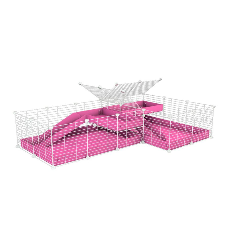 A 6x2 L-shape white C&C cage with divider and loft ramp for guinea pig fighting or quarantine with pink coroplast from brand kavee