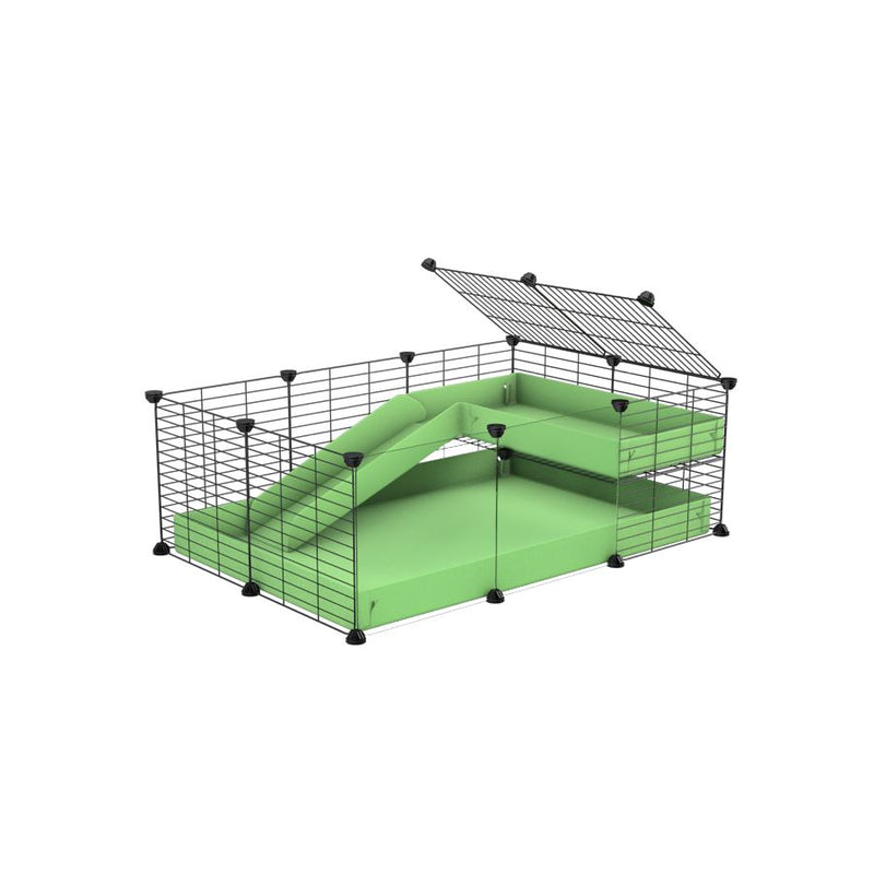 a 3x2 C&C guinea pig cage with clear transparent plexiglass acrylic panels  with a loft and a ramp green pastel pistachio coroplast sheet and baby bars by kavee