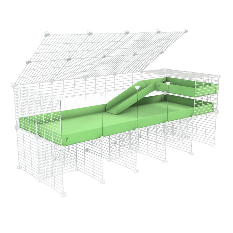 A 2x5 C and C guinea pig cage with clear transparent plexiglass acrylic panels  with stand loft ramp lid small size meshing safe white grids green pastel pistachio correx sold in USA