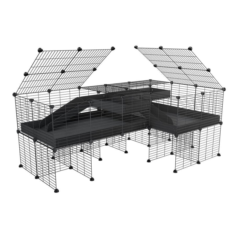 A 6x2 L-shape C&C cage with lid divider stand loft ramp for guinea pig fighting or quarantine with black coroplast from brand kavee