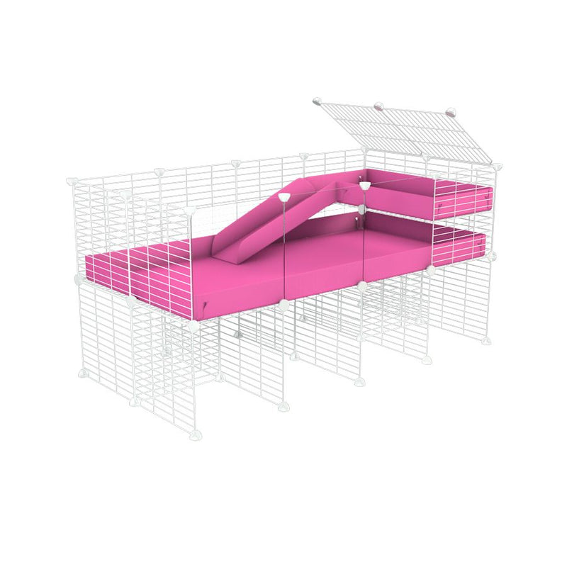 a 4x2 CC guinea pig cage with clear transparent plexiglass acrylic panels  with stand loft ramp small mesh white C&C grids pink corroplast by brand kavee