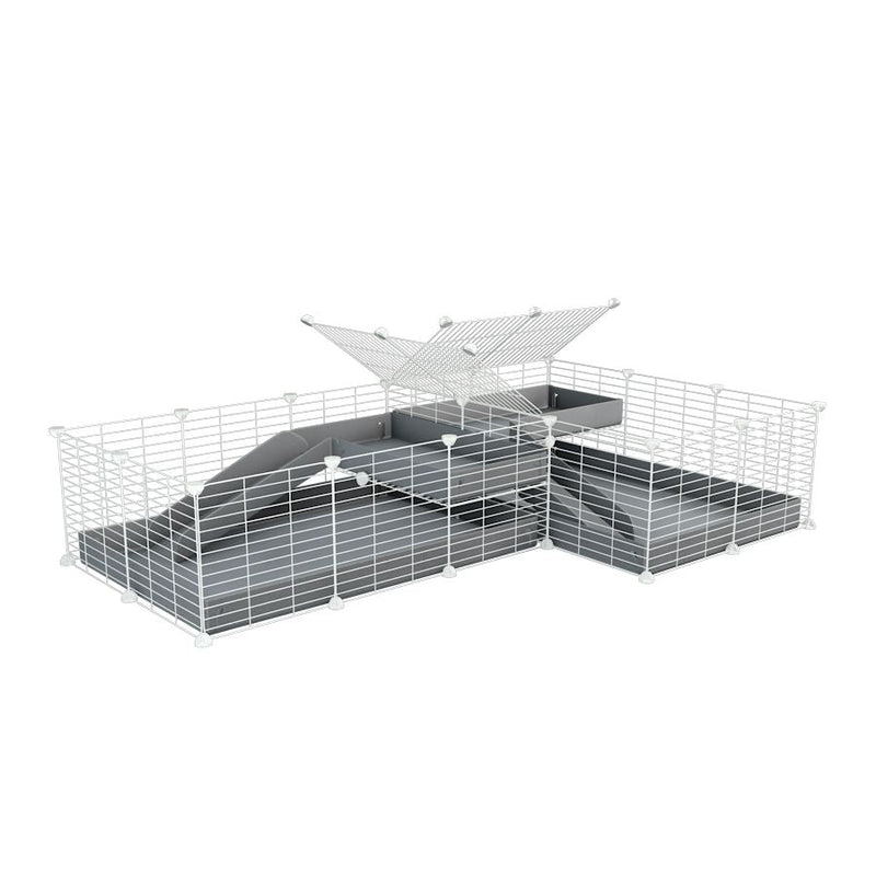 A 6x2 L-shape white C&C cage with divider and loft ramp for guinea pig fighting or quarantine with gray coroplast from brand kavee