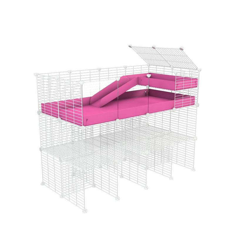 A 2x4 kavee pink C and C guinea pig cage with clear transparent plexiglass acrylic panels  with three levels a loft a ramp made of small size meshing safe white CC grids