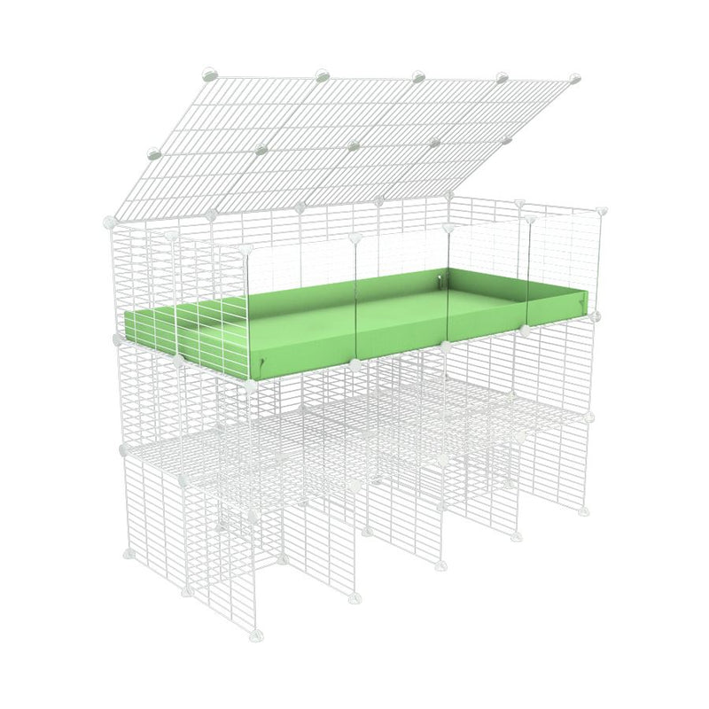 a tall 4x2 C&C guinea pigs cage with clear transparent plexiglass acrylic panels  with a double stand green coroplast a lid and safe small hole white CC grids sold in USA by kavee