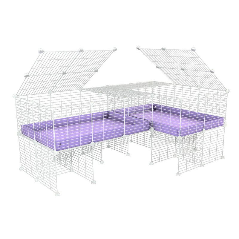 A 6x2 L-shape white C&C cage with lid divider stand for guinea pig fighting or quarantine with lilac coroplast from brand kavee