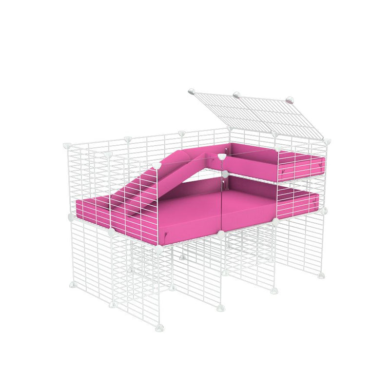 a 3x2 CC guinea pig cage with clear transparent plexiglass acrylic panels  with stand loft ramp small mesh white grids pink corroplast by brand kavee
