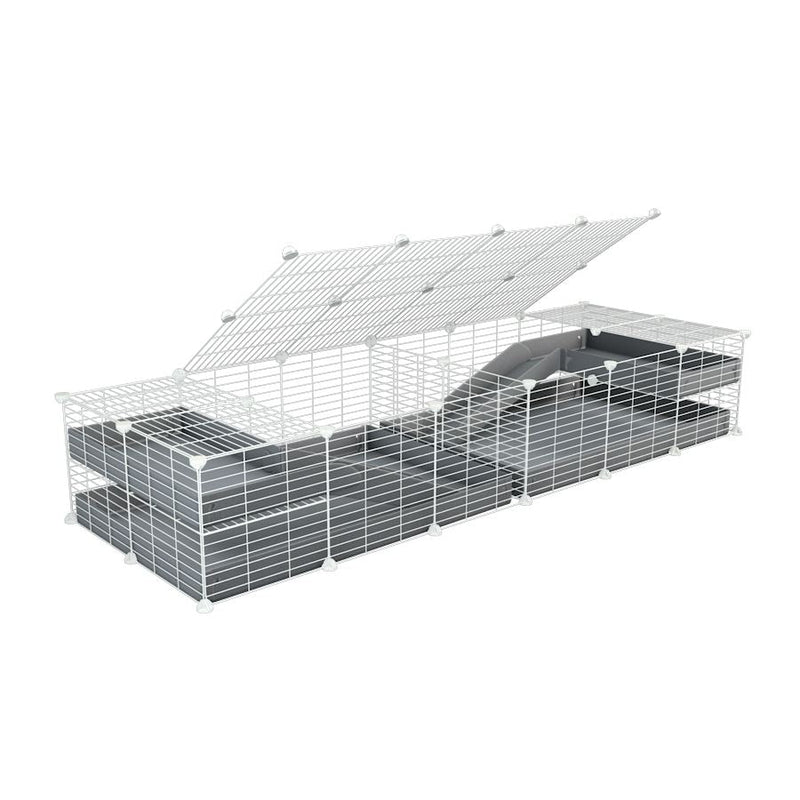 A 6x2 white C&C cage with lid divider loft ramp for guinea pig fighting or quarantine with gray coroplast from brand kavee