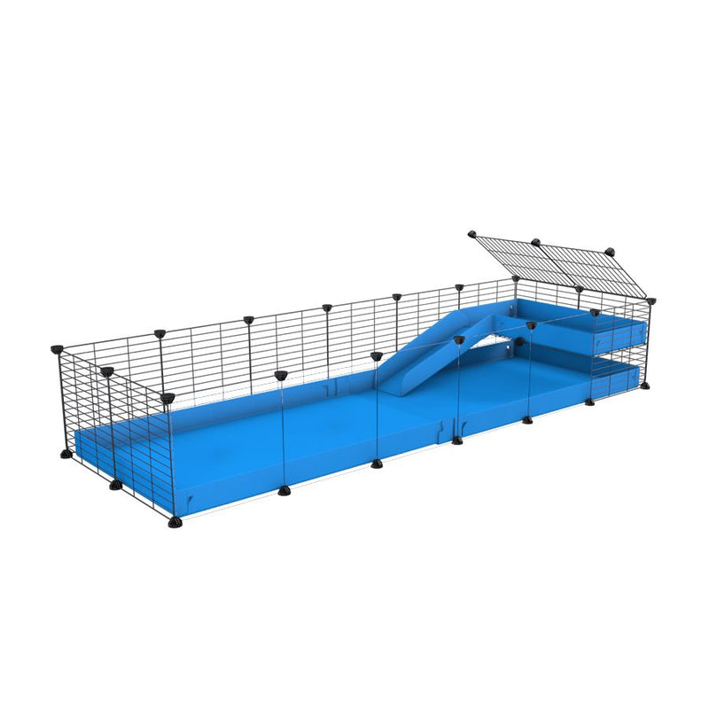 a 6x2 C&C guinea pig cage with clear transparent plexiglass acrylic panels  with a loft and a ramp blue coroplast sheet and baby bars by kavee