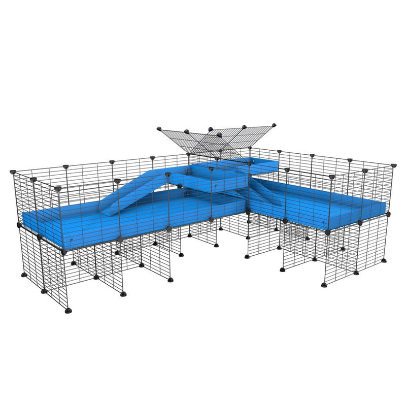 A 8x2 L-shape C&C cage with divider and stand loft ramp for guinea pig fighting or quarantine with blue coroplast from brand kavee